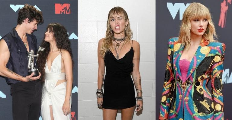 Camila Cabello, Shawn Mendes, Miley Cyrus e Taylor Swift durante o VMA 2019, em Los Angeles - Foto/Destaque VMA MTV 2019/Getty Images