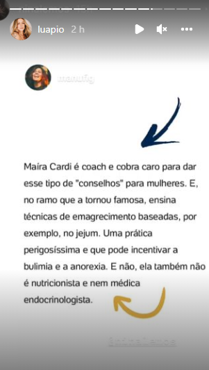 Luana Piovani critica trabalho de Maíra Cardi