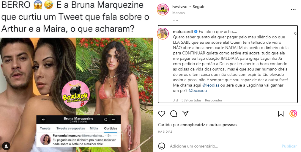 Maíra Cardi ameaça expor Bruna Marquezine após curtida da atriz