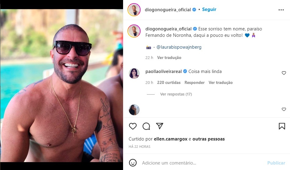 Diogo Nogueira posa sem camisa e recebe comentário apaixonado de Paolla Oliveira