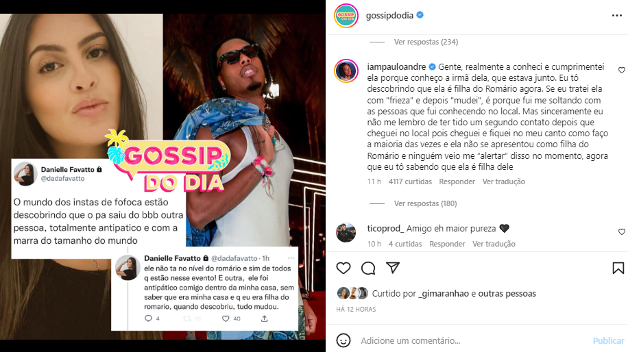 Paulo André responde filha de Romário que o chamou de antipático