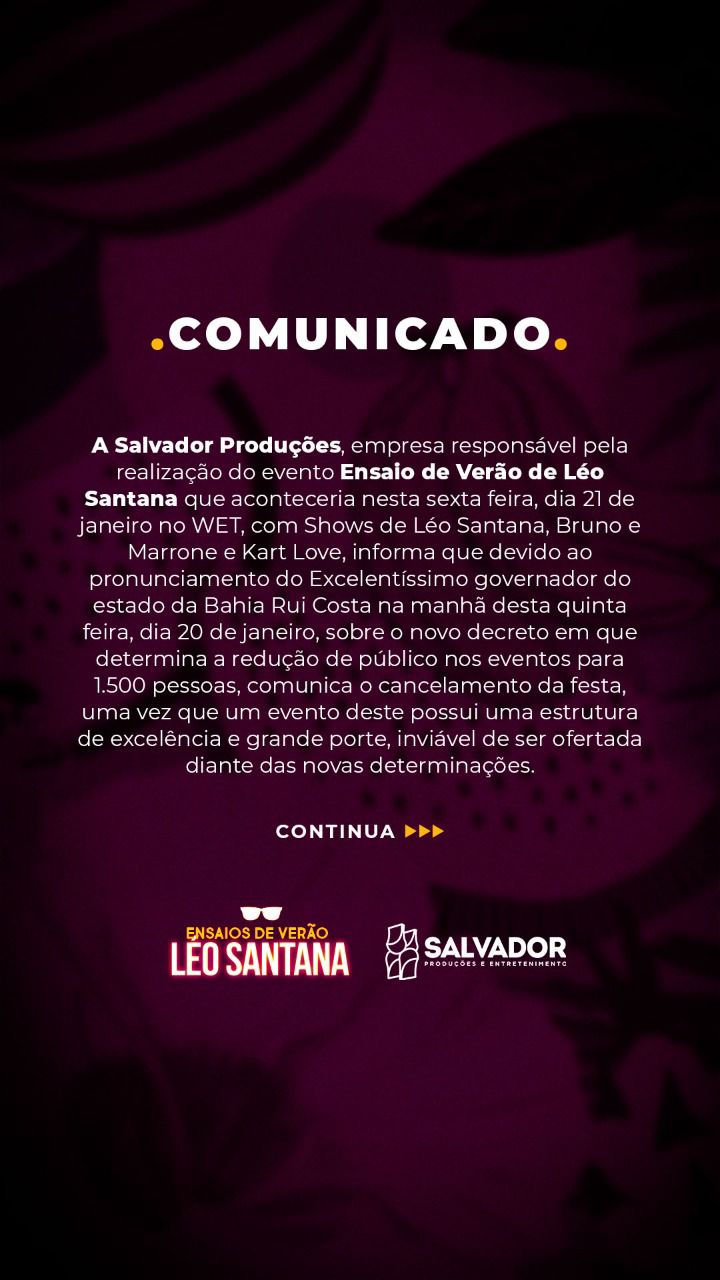 Comunicado sobre cancelamento do festival de Léo Santana em Salvador