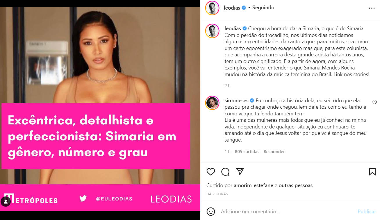 Simone faz comentário em post de Leo Dias