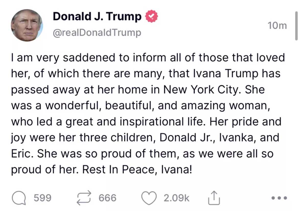 Donald Trump fala sobre Ivana Trump
