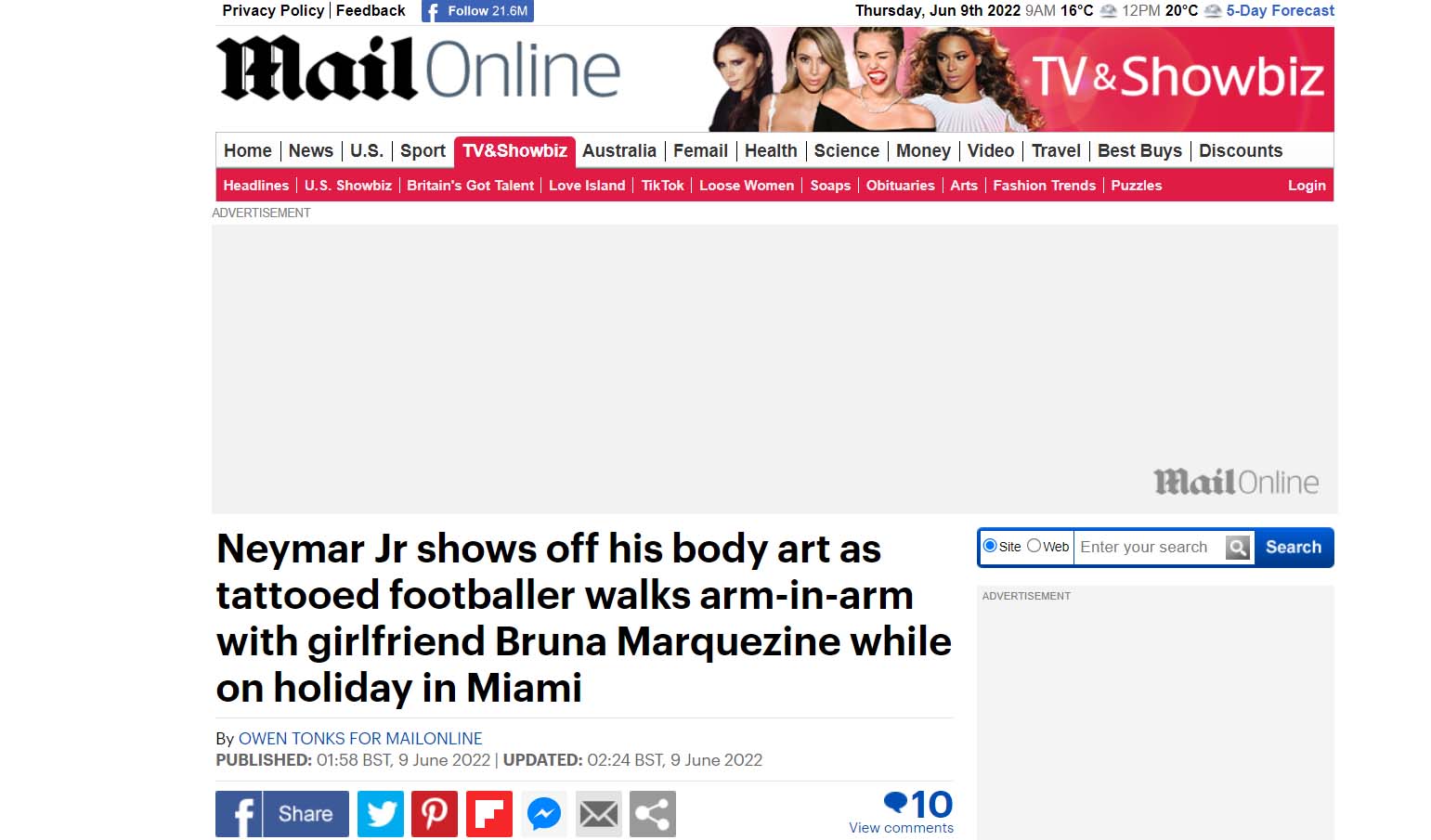 Site Daily Mail confunde Bruna Biancardi com Bruna Marquezine em post sobre Neymar Jr