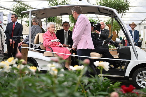 A Rainha usou um vestido rosa no show de flores