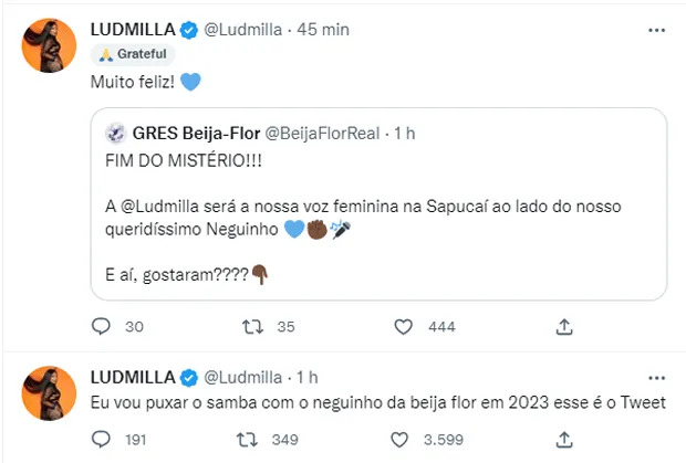 Ludmilla é anunciada como a nova intérprete da Beija-Flor de Nilópolis
