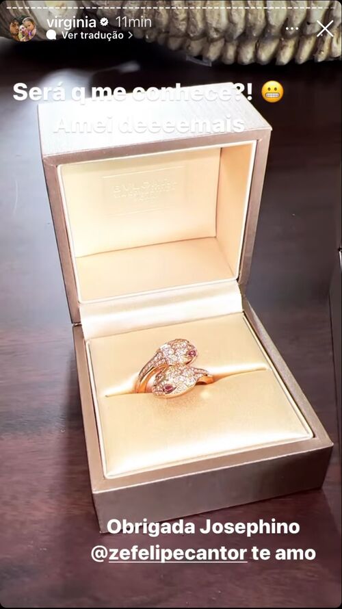 Virginia mostrou um luxuoso anel dourado com o formato de duas cabeças de cobra