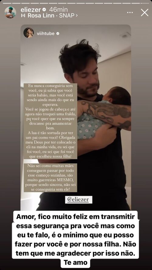 Em seu Instagram, Eli se emocionou com a declaração de sua amada. Ao repostar a publicação, o participante do BBB 22 escreveu