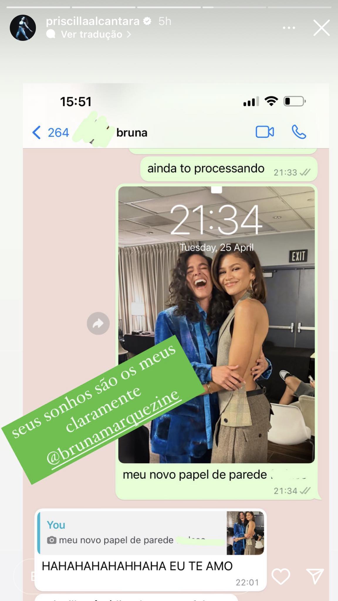 Priscilla Alcântara mostra prints de conversas com Bruna Marquezine em data especial