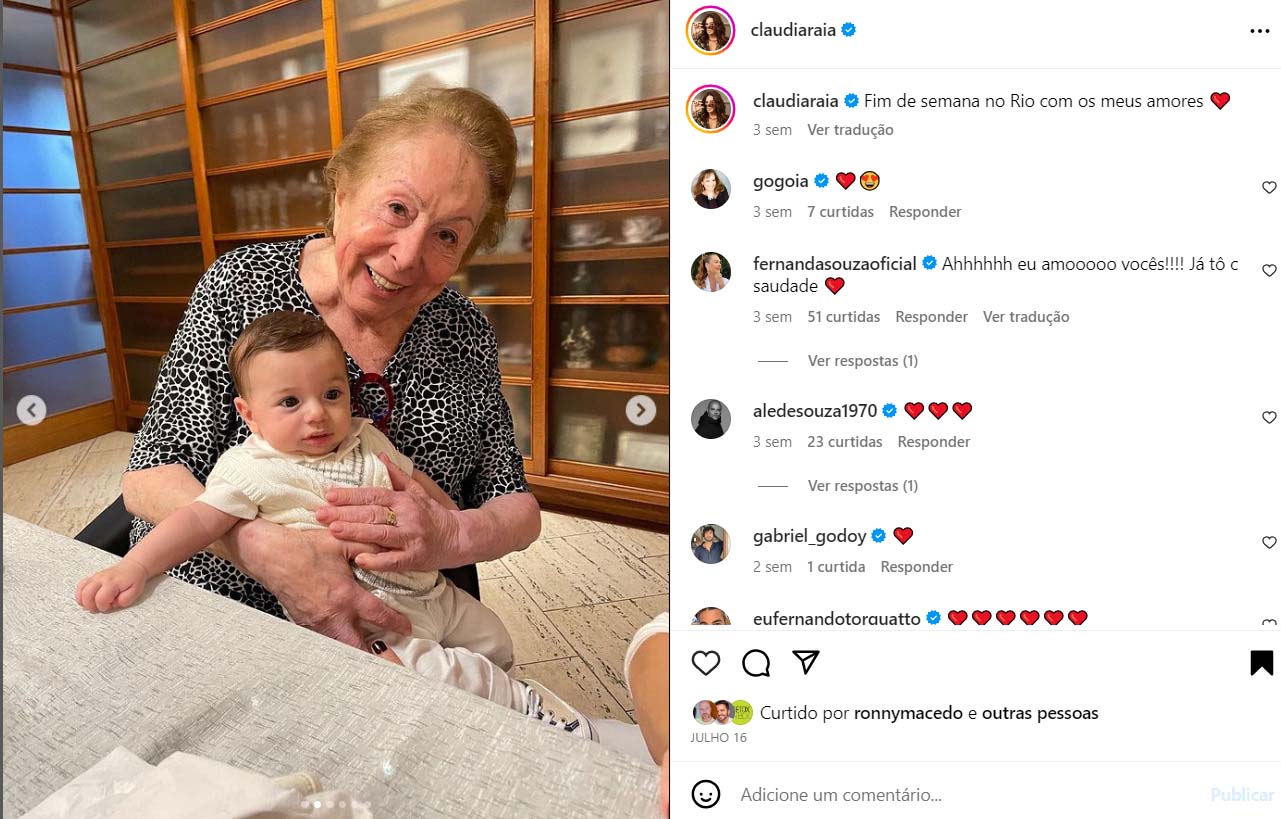 Uma das últimas fotos de Aracy Balabanian mostrou a atriz com o filho de Claudia Raia