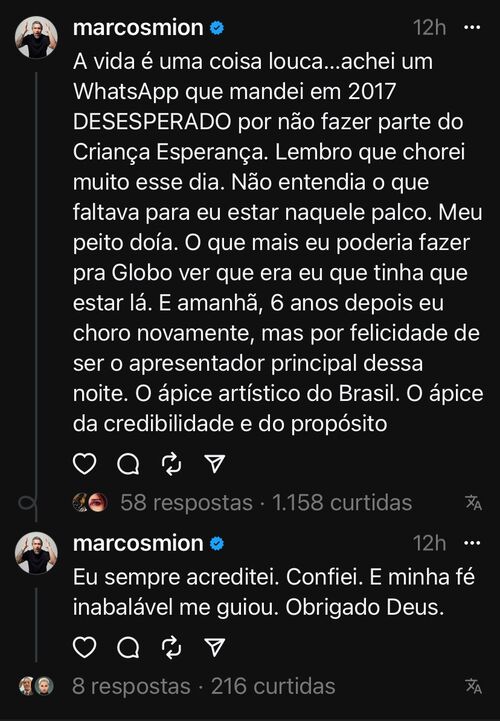 o apresentador compartilhou na rede social Threads um desabafo sobre sua primeira vez apresentando o evento beneficente da Rede Globo