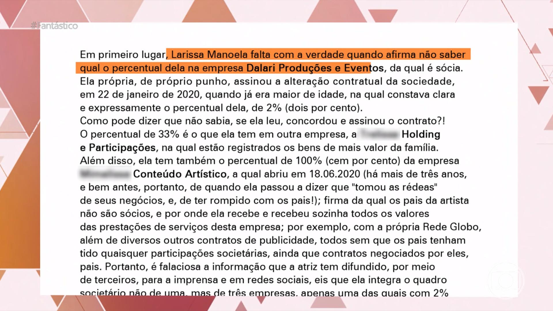 Nota oficial dos pais da Larissa Manoela que foi lida no Fantástico, da Globo - Foto: Reprodução / Globo
