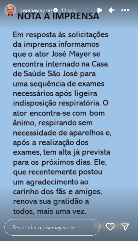 Equipe de José Mayer confirma internação