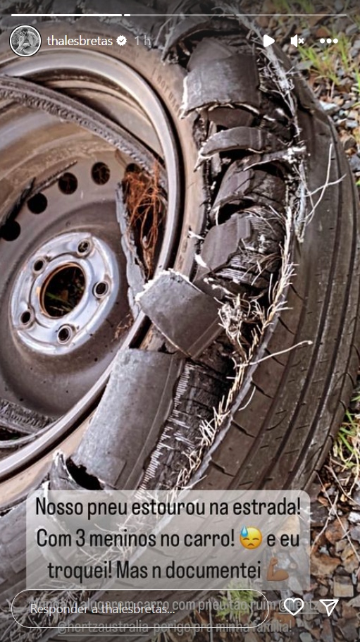 Thales Bretas mostra pneu - Créditos: Reprodução / Instagram