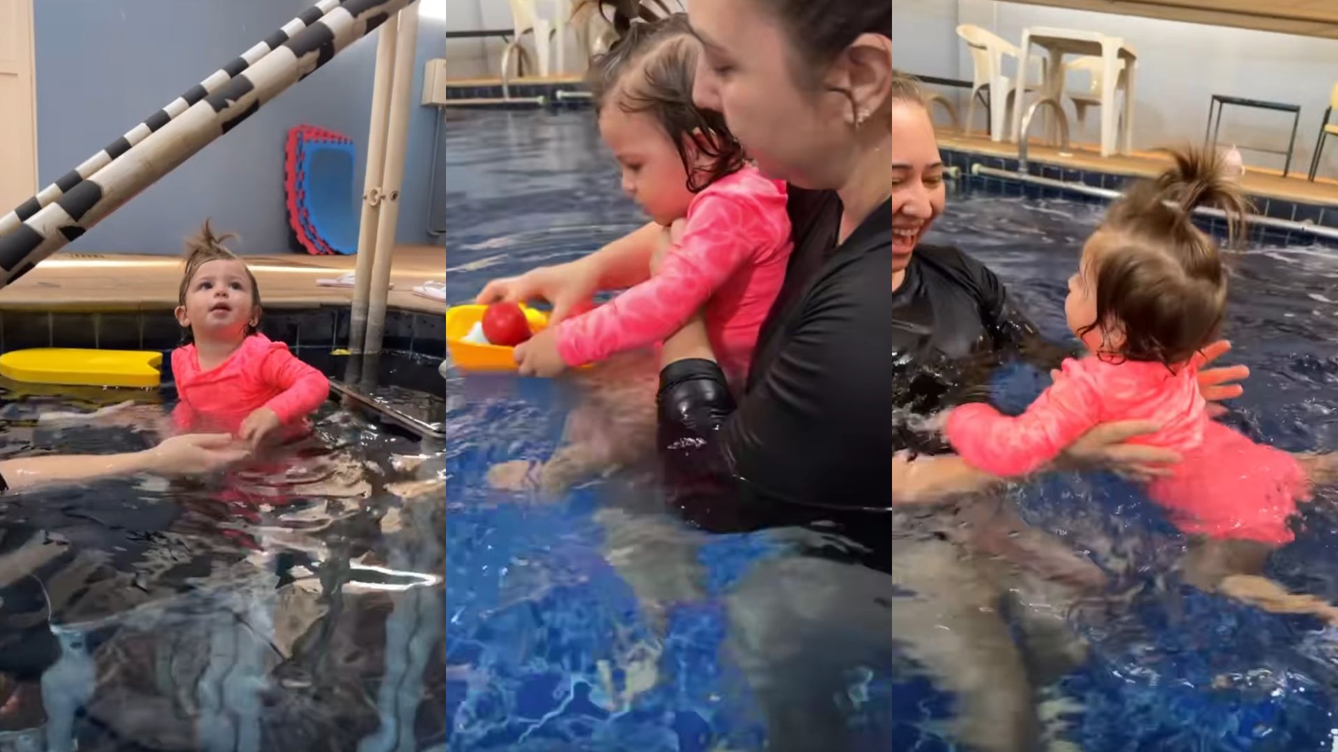 De barrigão, Bárbara Evans ajuda a filha em aula de natação: "Não fica sem"