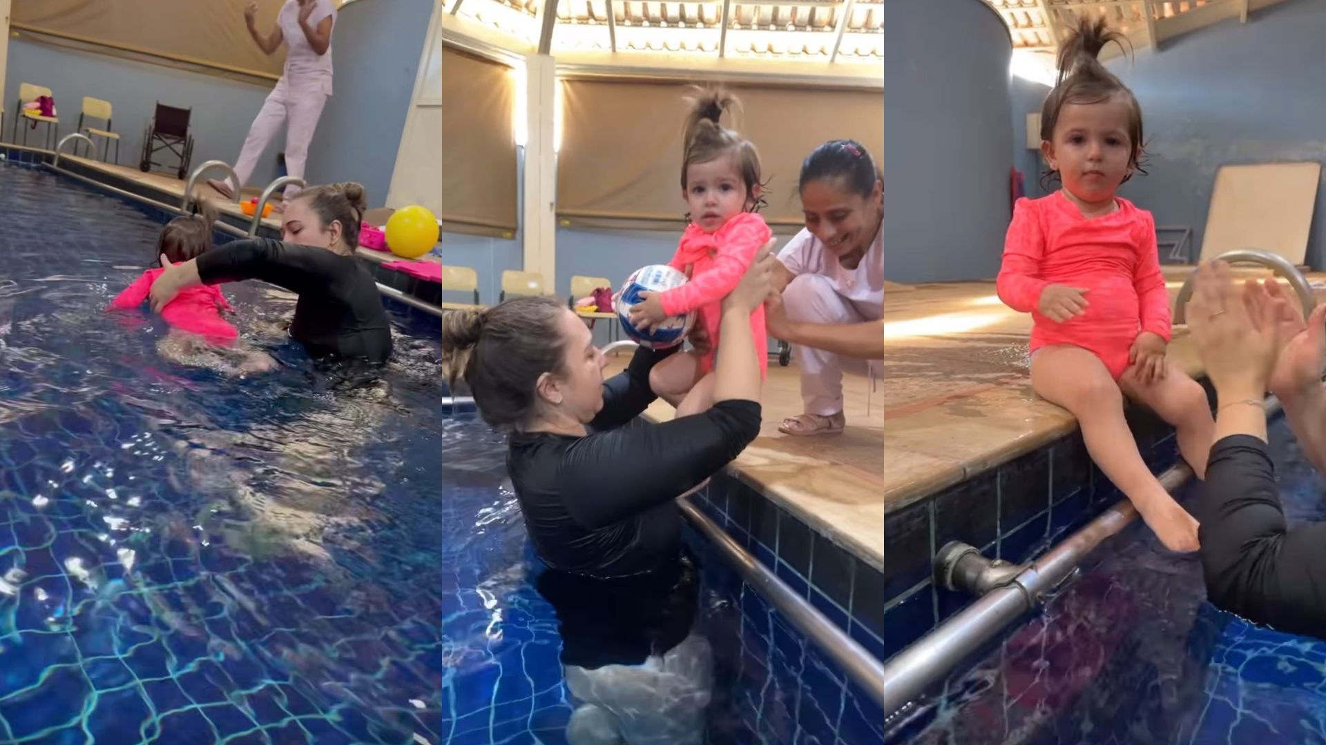 De barrigão, Bárbara Evans ajuda a filha em aula de natação: "Não fica sem"