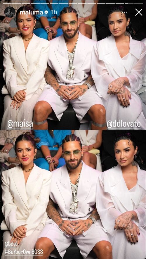 Após o clipe, Maisa compartilhou duas fotos em que aparecia sentada com Maluma e Demi Lovato. O trio estava todo de branco no desfile. 