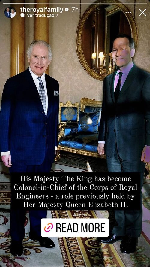 No perfil oficial do Instagram da Família real, foi anunciado que o atual monarca se tornou Coronel Chefe do Corpo de Exército dos Engenheiros Reais, papel que era da Rainha Elizabeth II (1926-2022). 
