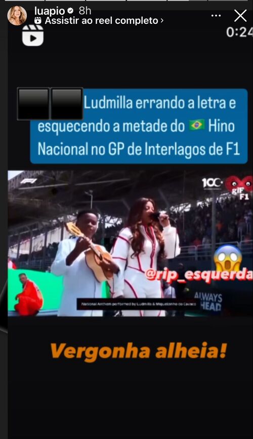 A atriz Luana Piovani reagiu à Ludmilla cantando o hino nacional no Grande Prêmio do Brasil da Fórmula Um e não poupou críticas a cantora