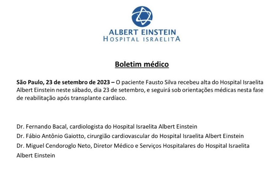 Fasutão tem alta hospitalar após internação para exames no coração