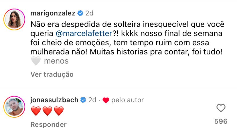 Jonas deixa comentário em foto de Mari Gonzalez. Foto: Reprodução / Instagram