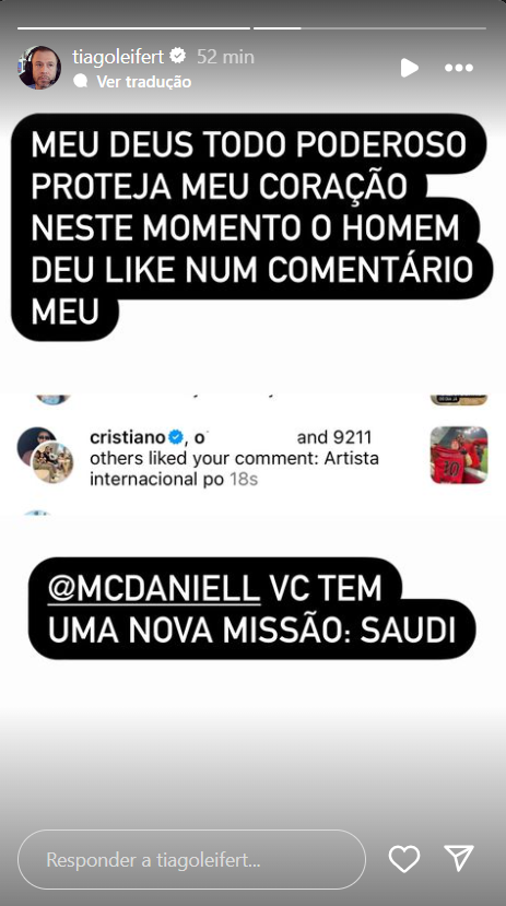Cristiano Ronaldo curte comentário de Tiago Leifert. Foto: Reprodução / Instagram