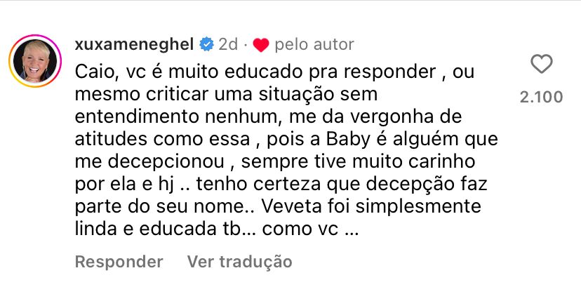 Xuxa Meneghel comenta polêmica entre Ivete Sangalo e Baby do Brasil. Foto: Reprodução / Instagram