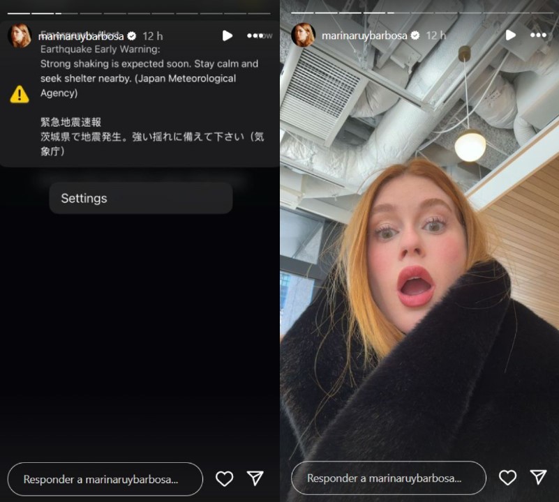 Marina Ruy Barbosa recebe alerta de terremoto no Japão. Foto: Reprodução / Instagram