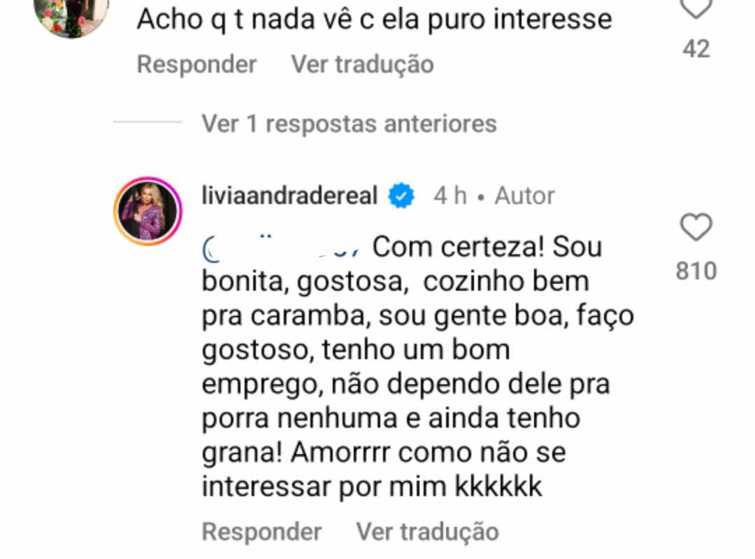 Lívia Andrade rebate comentário