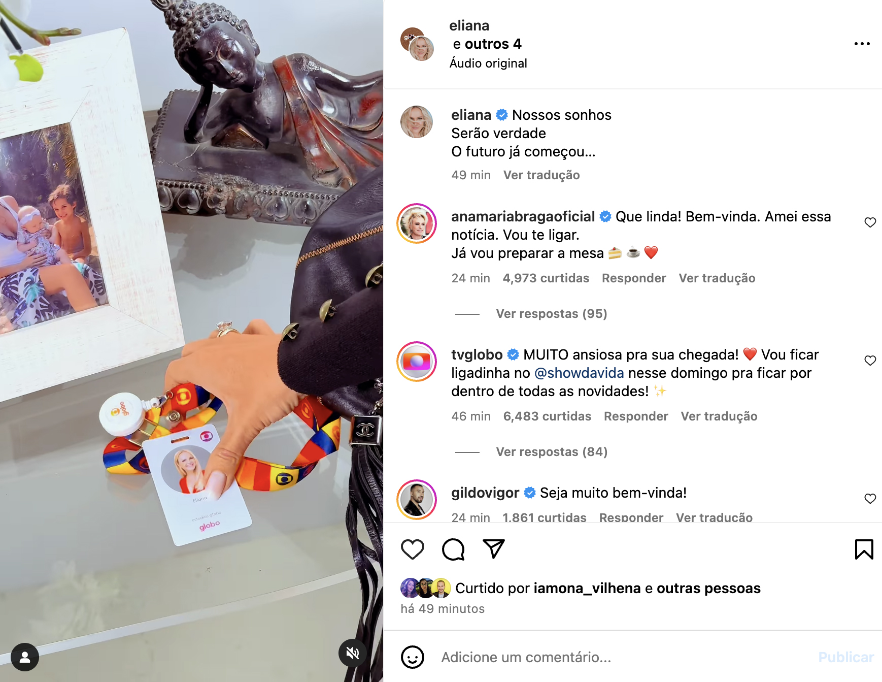 Eliana mostra seu crachá na Globo - Foto: Reprodução / Instagram