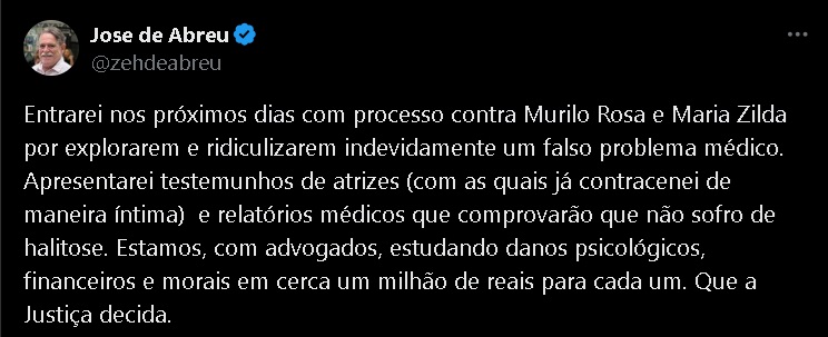 Post de José de Abreu no Twitter (Reprodução/Twitter) 