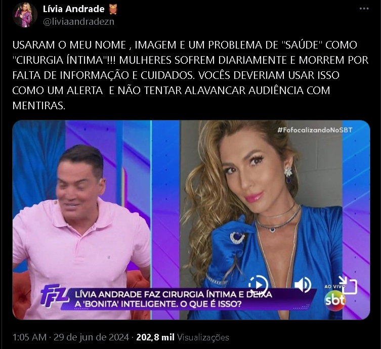 Lívia Andrade se manifesta no X (Reprodução) 
