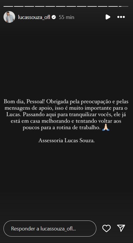 Equipe de Lucas Souza atualiza estado de saúde do influenciador - Foto: Reprodução / Instagram
