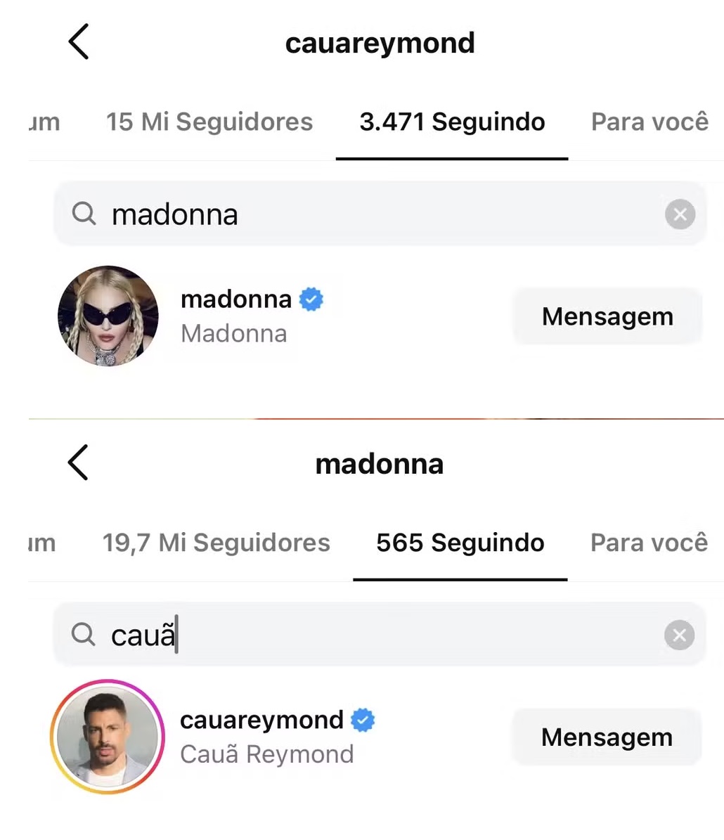 Madonna e Cauã Reymond se seguem no Instagram