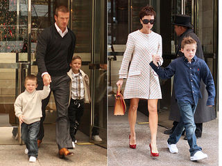 David Beckham com os pequenos Romeo e Cruz. Victoria Beckham com o mais velho, Brooklyn
