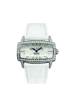 Relógio de ouro branco com diamantes e pulseira de couro croco branco Patek Philippe, na H.Stern,hstern.com.br