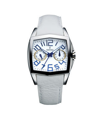 Relógio com mostrador branco e pulseira de couro Festina, na Vivara, vivara.com.br
