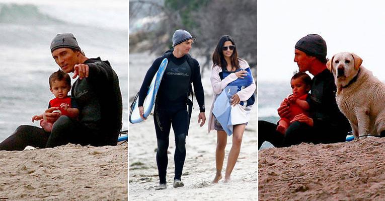 O Matthew McConaughey surfa acompanhado da esposa, a modelo brasileira Camila Alves, e do filho Levi