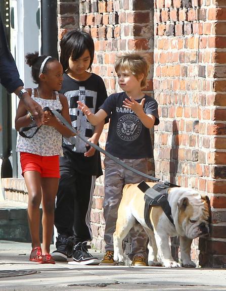 Maddox, Zahara e Shiloh, filhos do casal Brad Pitt e Angelina Jolie, se divertem ao passear com o cão da família