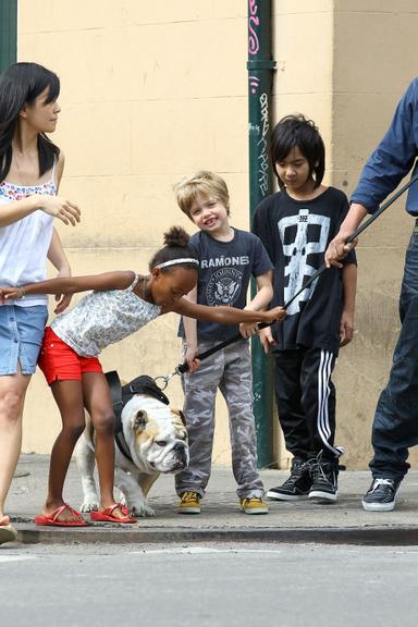 Maddox, Zahara e Shiloh, filhos do casal Brad Pitt e Angelina Jolie, se divertem ao passear com o cão da família