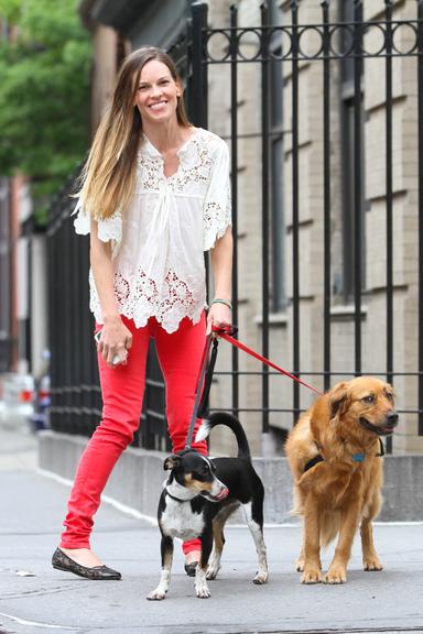 Hilary Swank com seus cães em Nova York