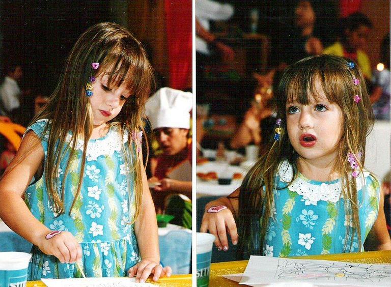Aos 3 anos, Bruna Griphao pinta durante a festa de aniversário do primo Fellipe