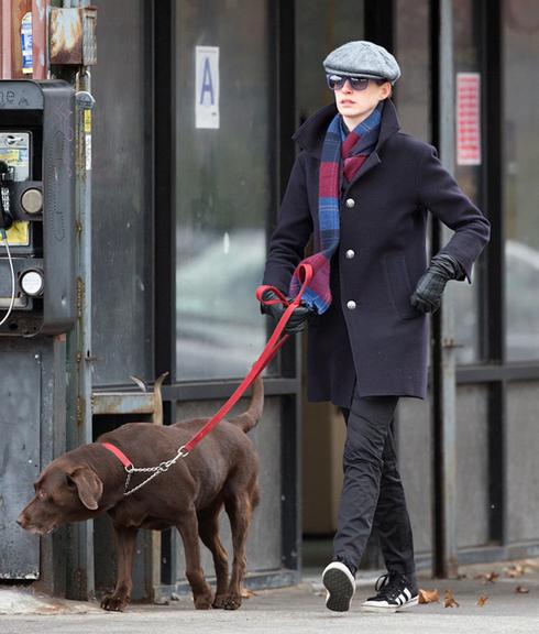 Anne Hathaway passeia com seu cão por Nova York, Estados Unidos