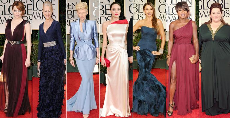 Os looks de Emma Stone, Helen Mirren, Tilda Swinton, Angelina Jolie, Sofia Vergara, Viola Davis e Melissa McCarthy no Globo de Ouro 2012 