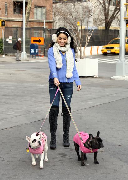 Fofura: Vanessa Hudgens com seus cães nas ruas de Nova York