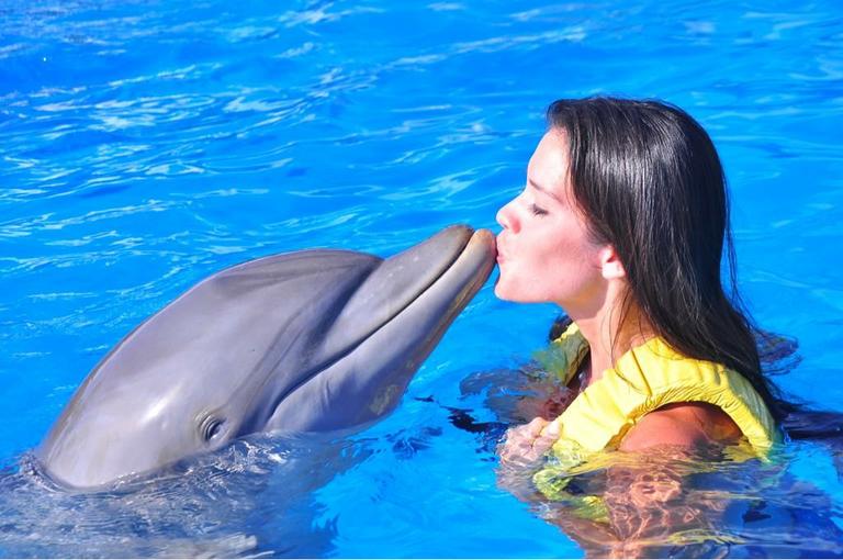 Talula brinca com um golfinho em Cancún