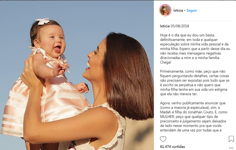 Letícia Almeida revela paternidade de sua filha, Madalena