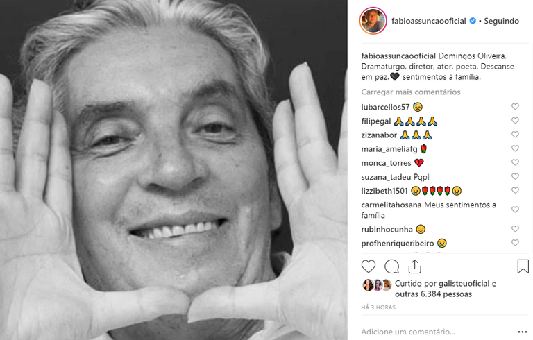 Post Fabio Assunção lamentando morte Domingos Oliveira