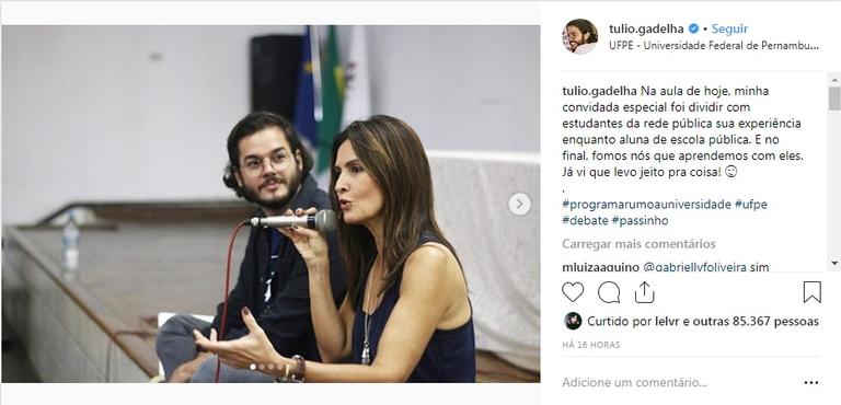 Fátima Bernardes dá aula em faculdade com Túlio Gadelha